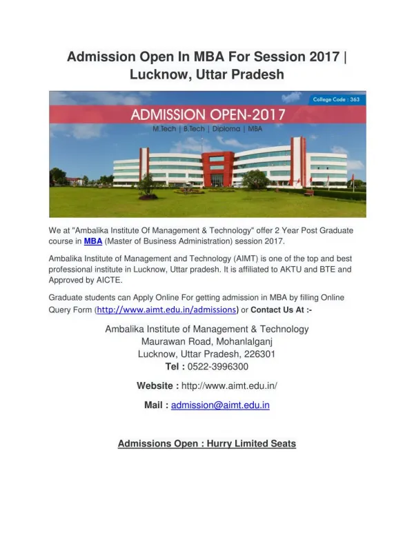 Admission Open In MBA For Session 2017 | Lucknow, Uttar Pradesh