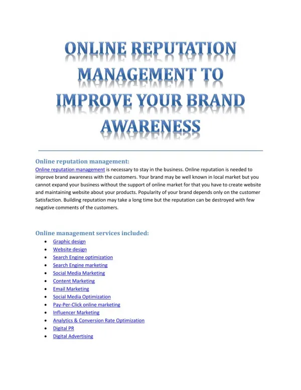 ONLINE REPUTATION MANAGEMENT TO IMPROVE YOUR BRAND AWARENESS