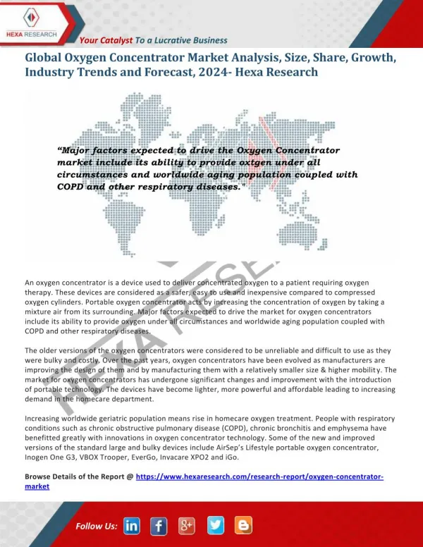 Oxygen Concentrator Market Analysis, Size, Share, Growth and Forecast to 2024 | Hexa Research