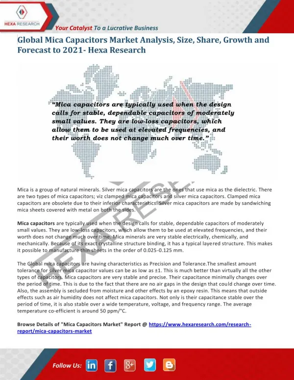 Mica Capacitors Market Share, Growth and Forecast To 2021 | Hexa Research