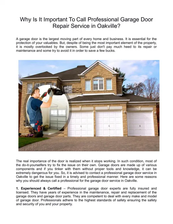 Why Is It Important To Call Professional Garage Door Repair Service in Oakville