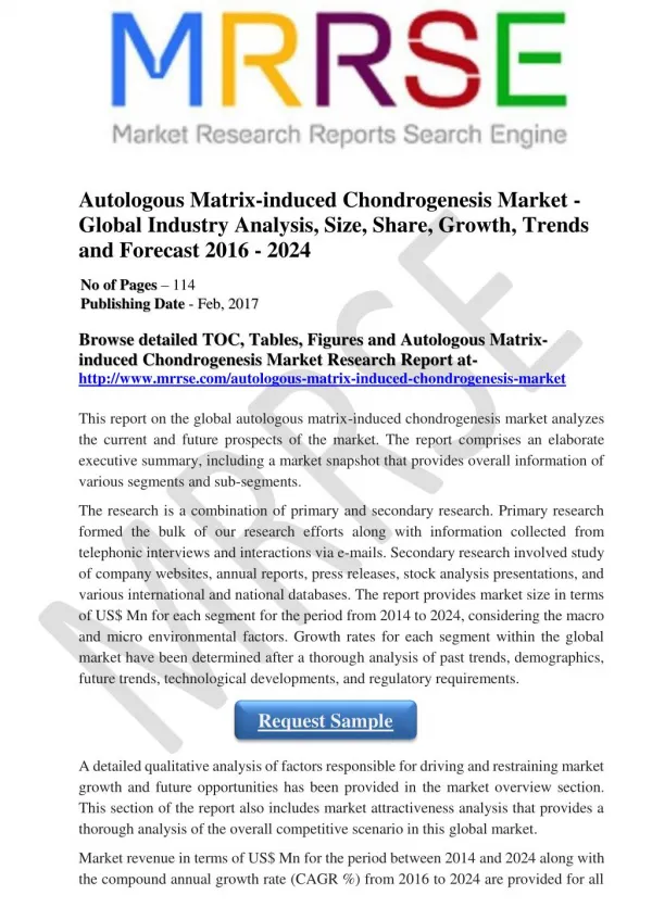 Autologous Matrix-induced Chondrogenesis Market - Global Market Industry AnalysisTrends and Forecast