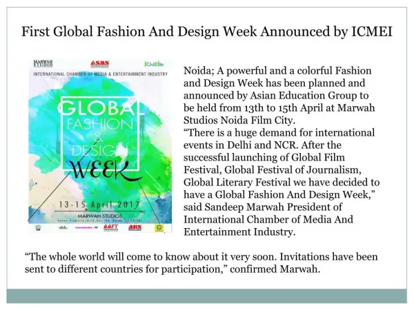 First Global Fashion and Design Week Announced by ICMEI