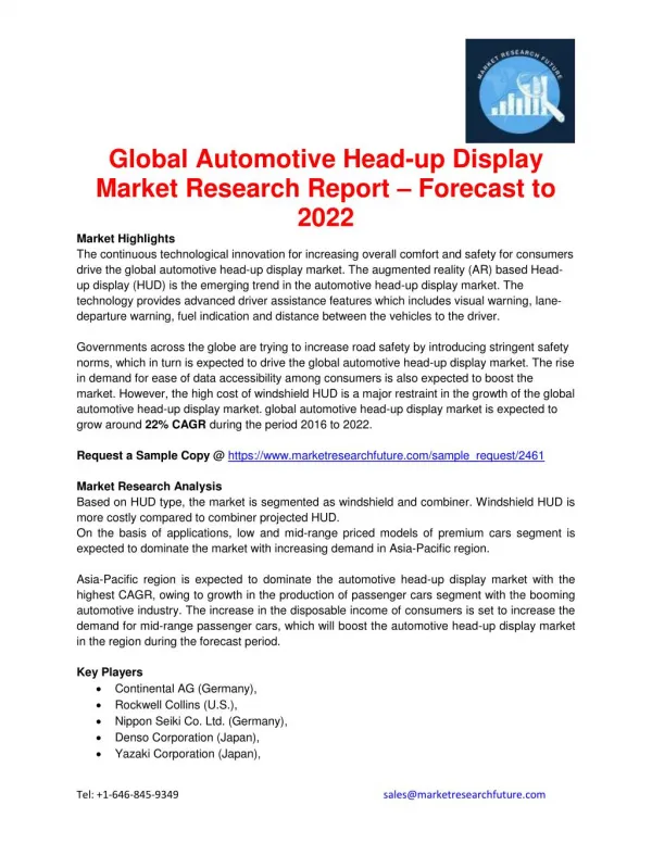 Global Automotive Head-up Display Market Research Report – Forecast to 2022