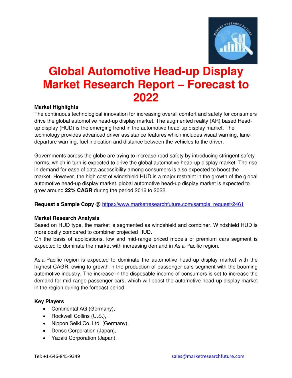 global automotive head up display market research