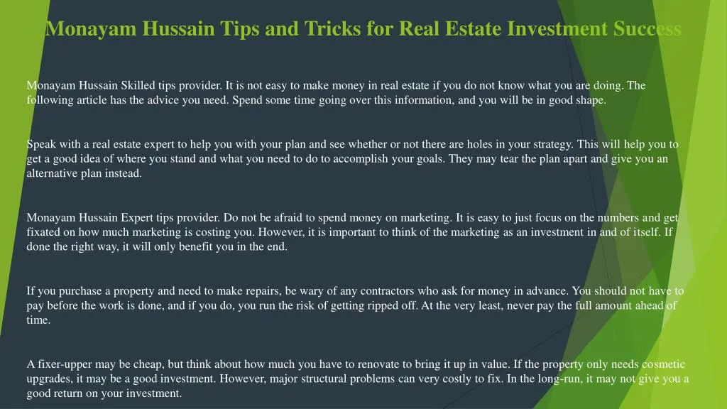monayam hussain tips and tricks for real estate investment success