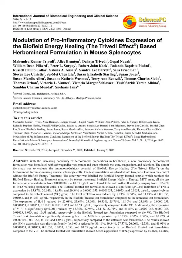 Modulation of Pro-inflammatory Cytokines Expression of the Biofield Energy Healing (The Trivedi Effect®) Based Herbomine