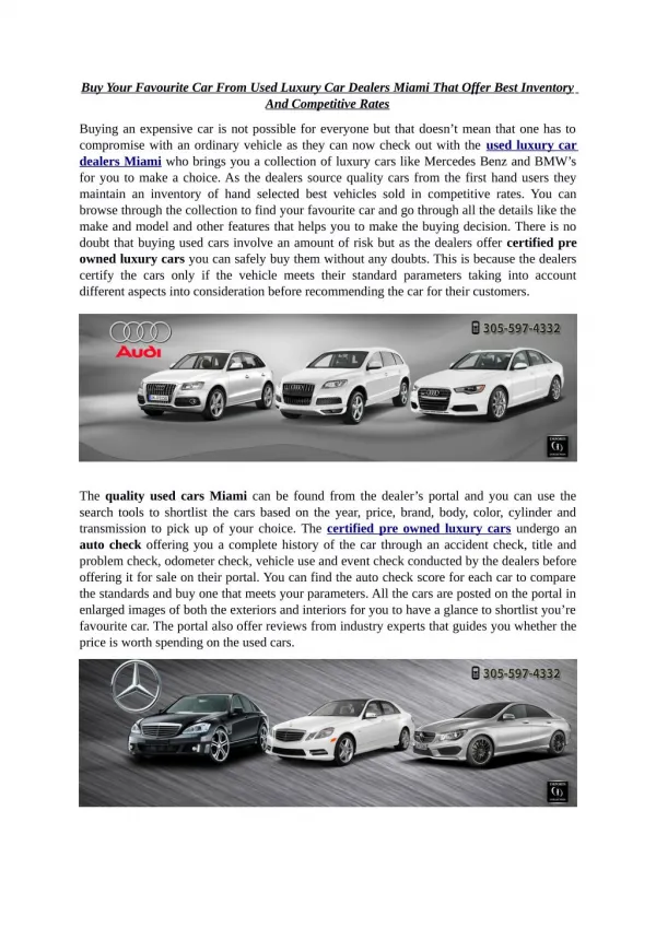 Buy Your Favourite Car From Used Luxury Car Dealers Miami That Offer Best Inventory And Competitive Rates
