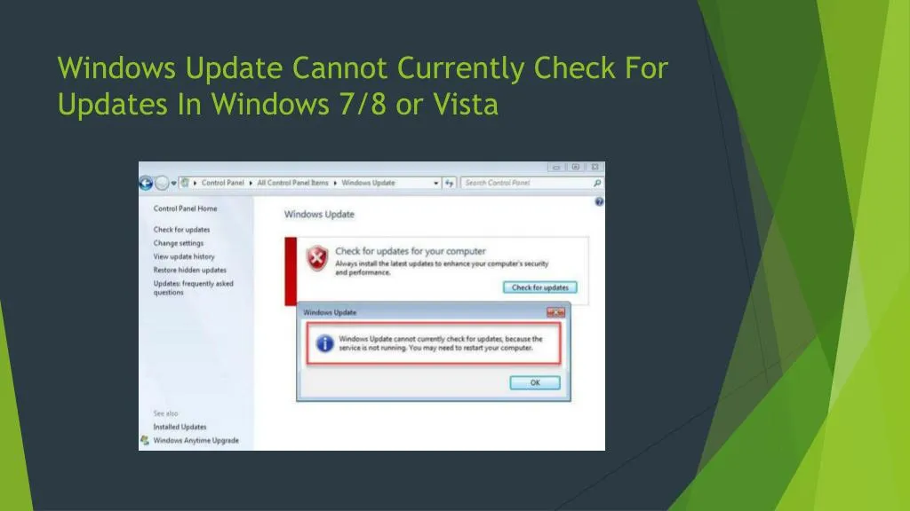 windows update cannot currently check for updates in windows 7 8 or vista