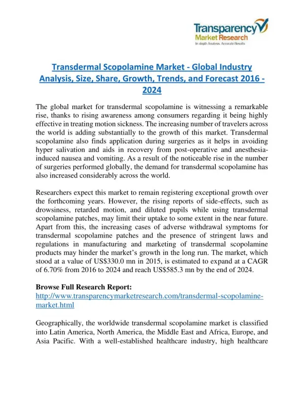 Transdermal Scopolamine Market Research Report Forecast to 2024