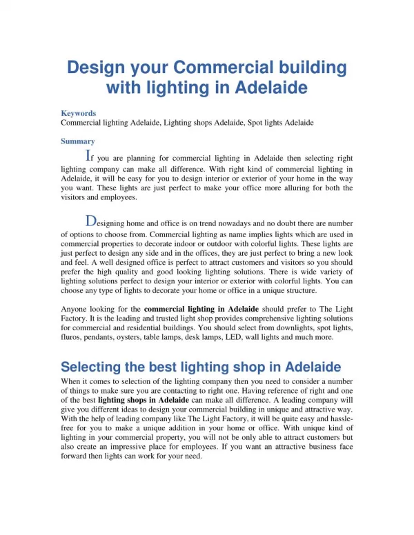 Design your Commercial building with lighting in Adelaide