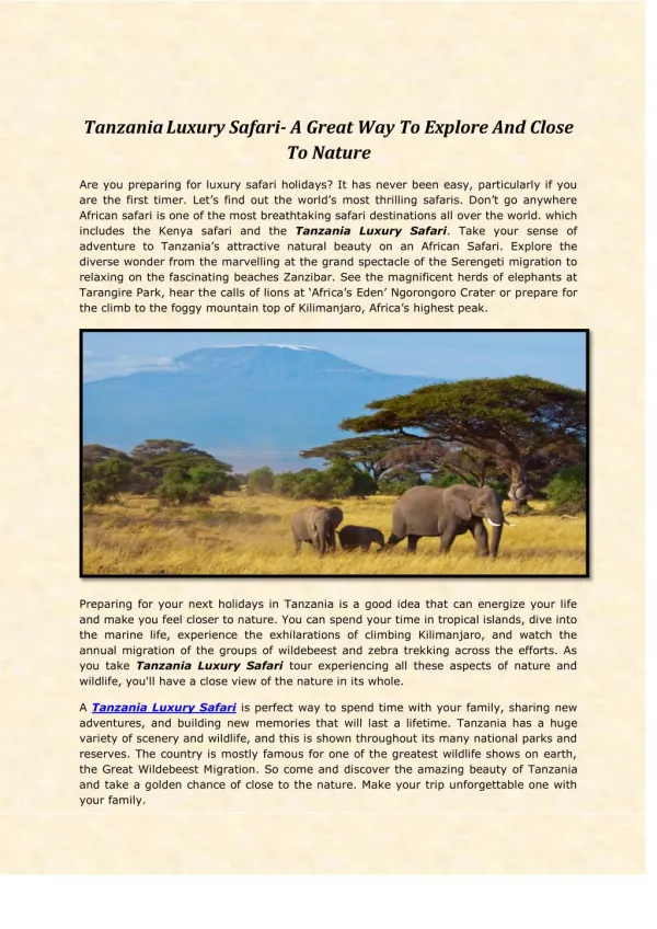 Tanzania Luxury Safari- A Great Way To Explore And Close To Nature