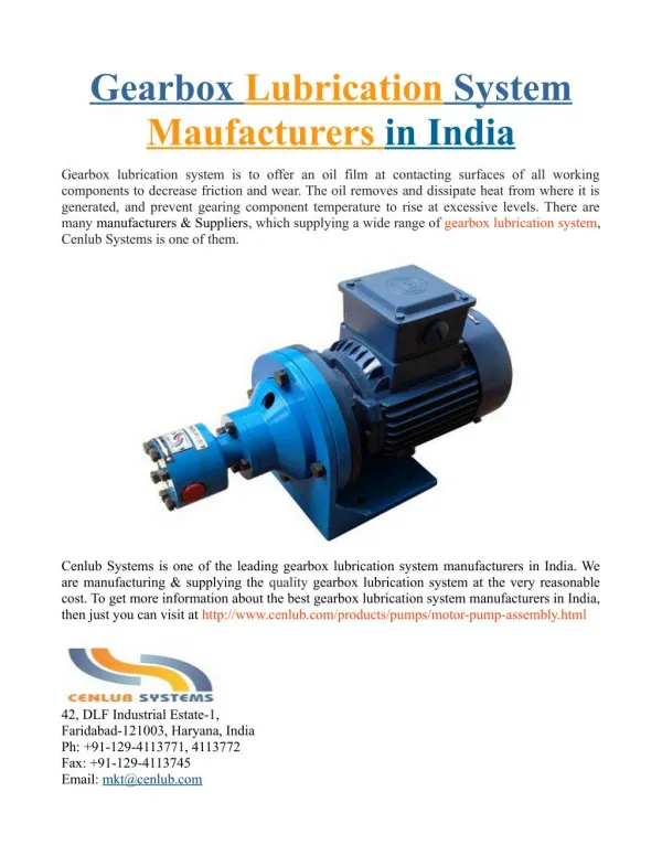 Gearbox Lubrication System Maufacturers in India