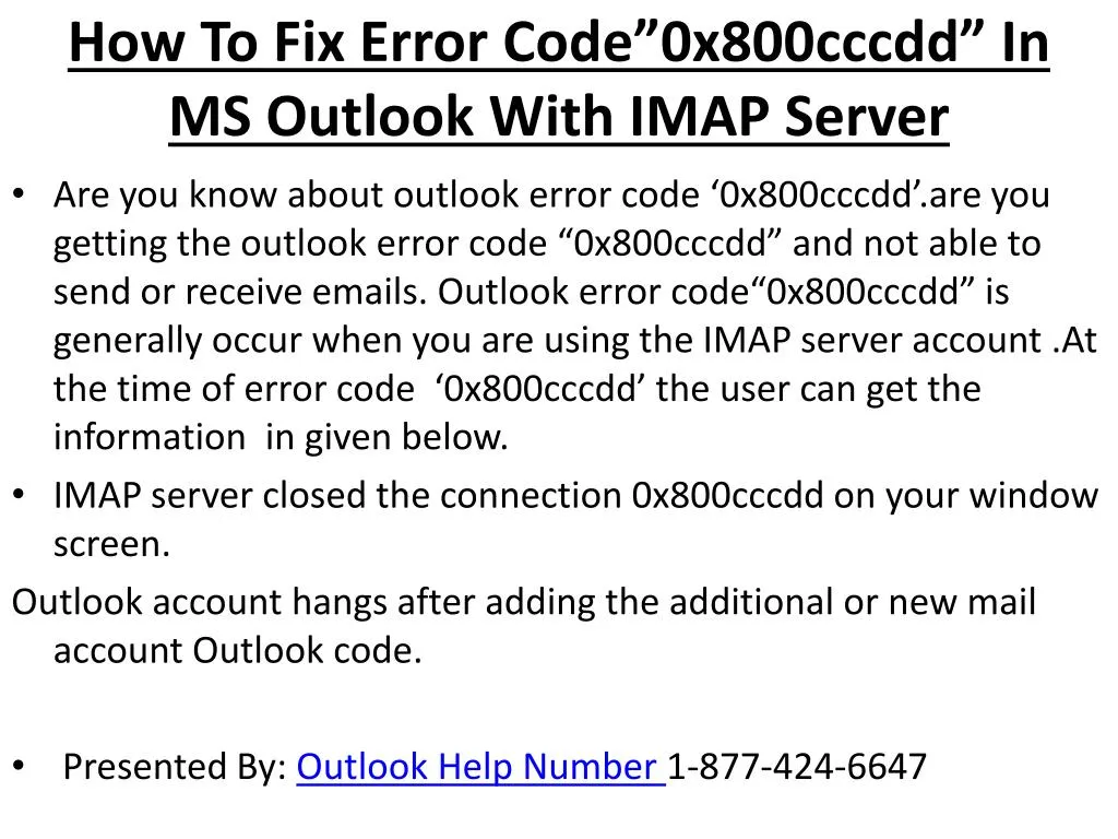 how to fix error code 0x800cccdd in ms outlook with imap server