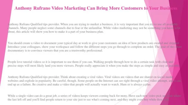 Anthony Rufrano Video Marketing Can Bring More Customers to Your Business