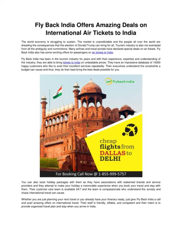 Fly Back India Offers Amazing Deals on International Air Tickets to India