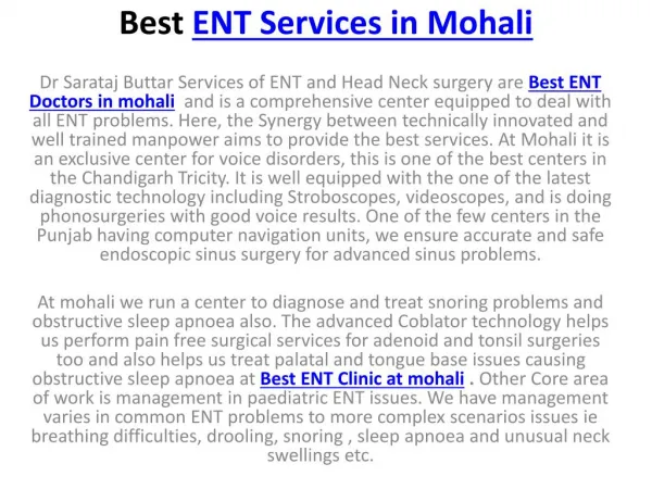 Best ENT Services in Mohali
