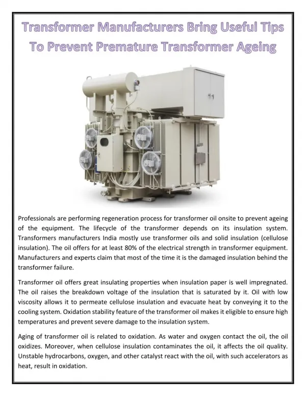 Transformer Manufacturers Bring Useful Tips To Prevent Premature Transformer Ageing