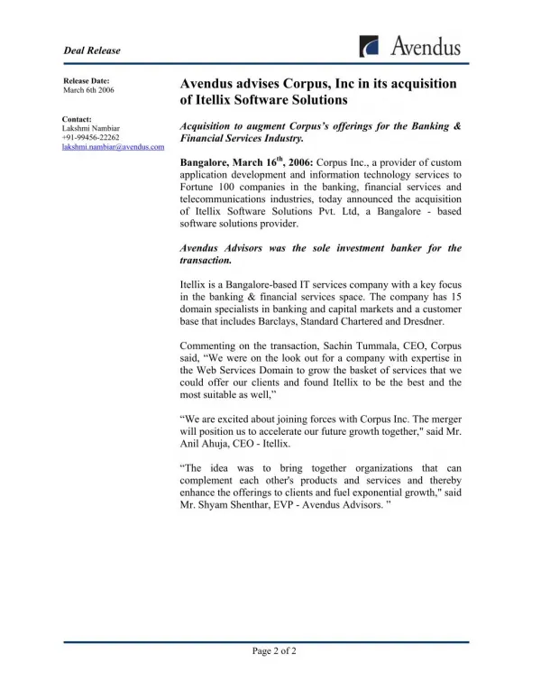 Avendus advises Corpus, Inc in its acquisition of Itellix Software Solutions