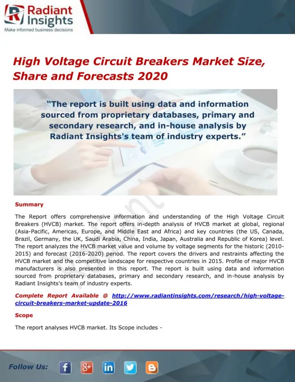High Voltage Circuit Breakers Market Size, Analysis and Forecasts 2020