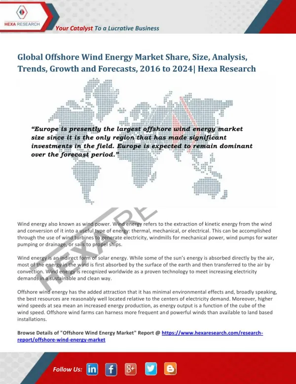 Global Offshore Wind Energy Market Size, Share and Forecast Report up to 2024 - Hexa Research