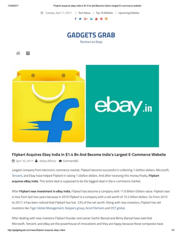 Flipkart Acquires Ebay India In $1.4 Bn And Become India’s Largest E-Commerce Website