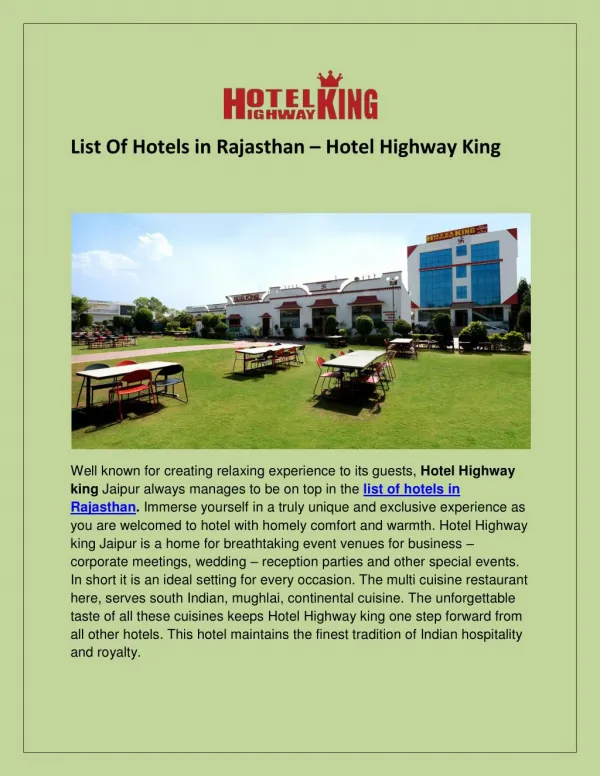 List Of Hotels In Rajasthan - Hotel Highway King