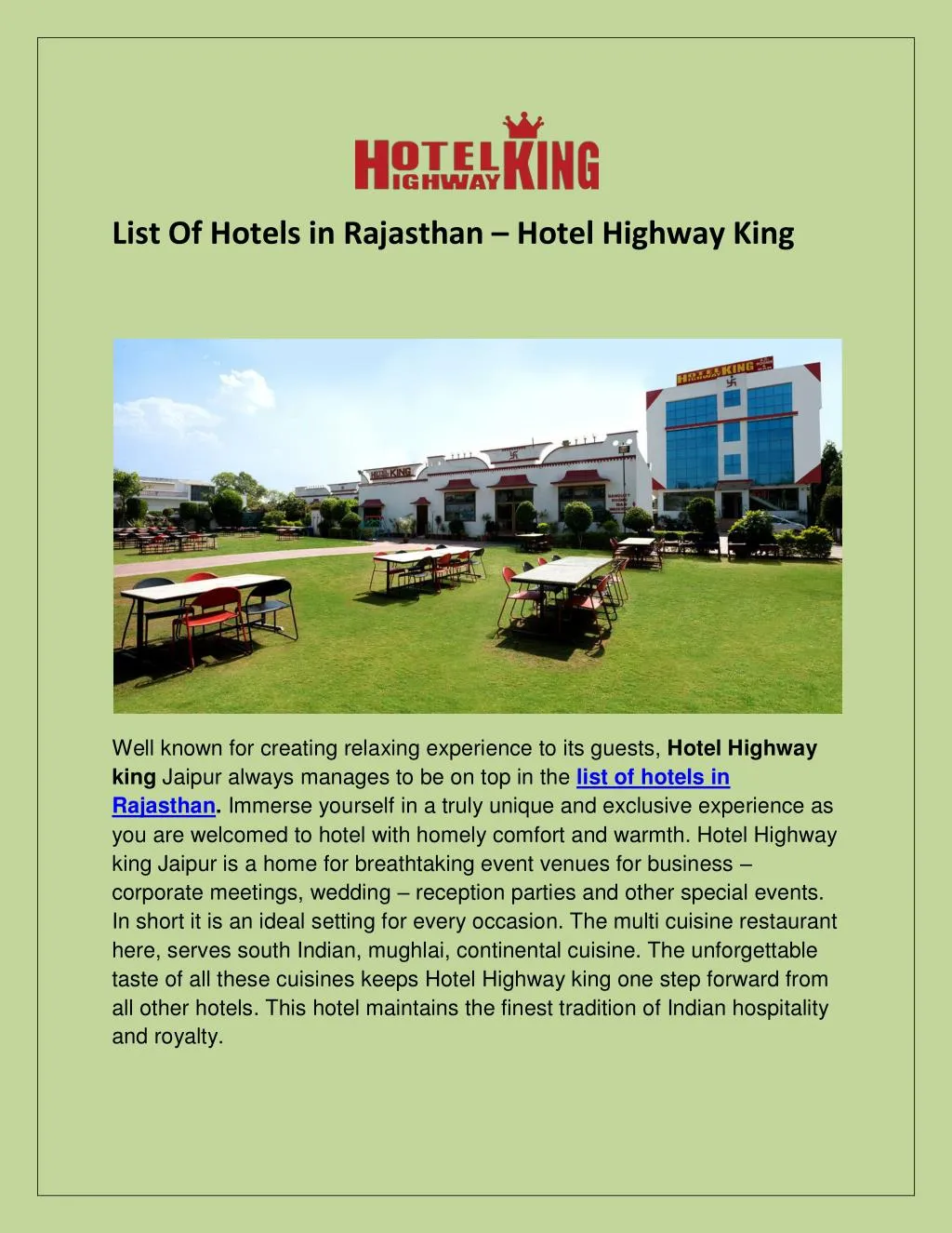 list of hotels in rajasthan hotel highway king