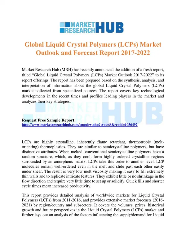 Global Liquid Crystal Polymers Market Outlook and Forecast Report 2017-2022