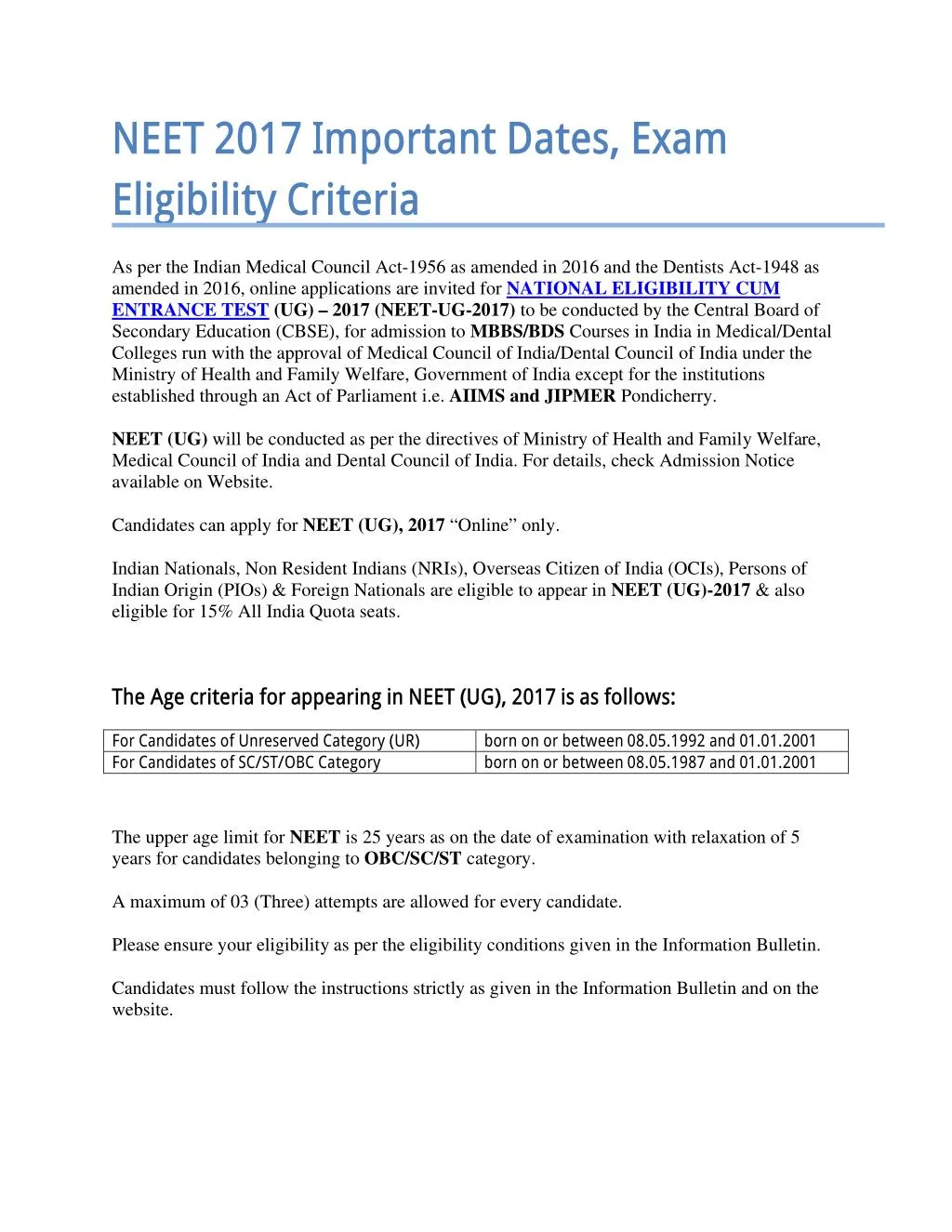 neet 2017 important dates exam eligibility