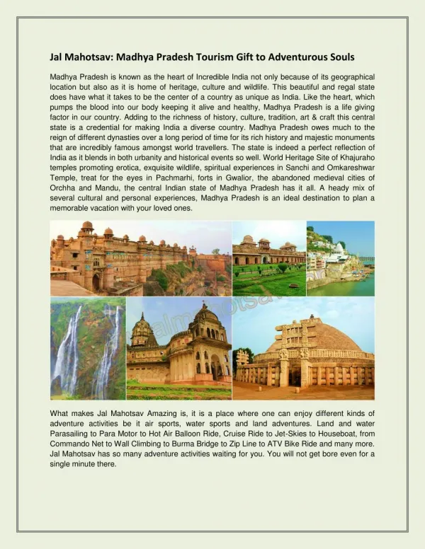 Jal Mahotsav Madhya Pradesh Tourism Gift to Adventurous Souls