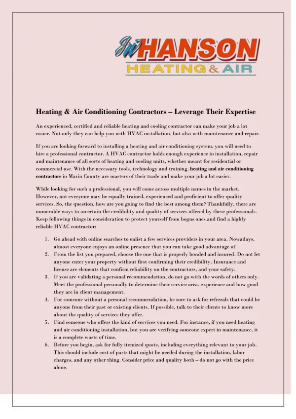 Heating & Air Conditioning Contractors – Leverage Their Expertise
