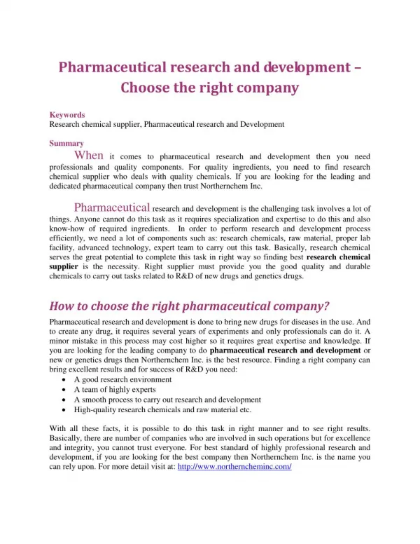 Pharmaceutical research and development – Choose the right company