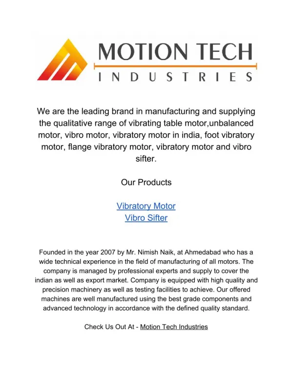 Motion Tech Industries - Vibratory Motors - Vibrator Motor Suppliers, Traders & Manufacturers