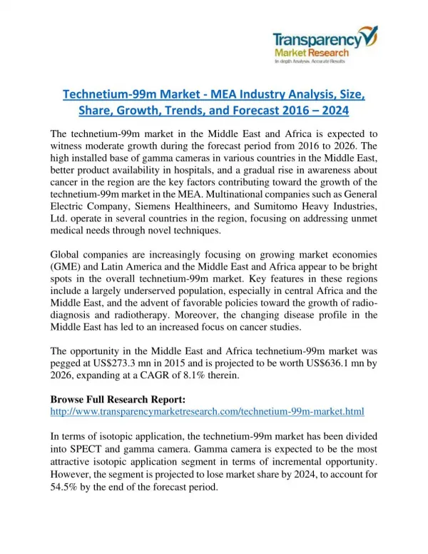 Technetium-99m Market Research Report by Geographical Analysis and Forecast to 2024