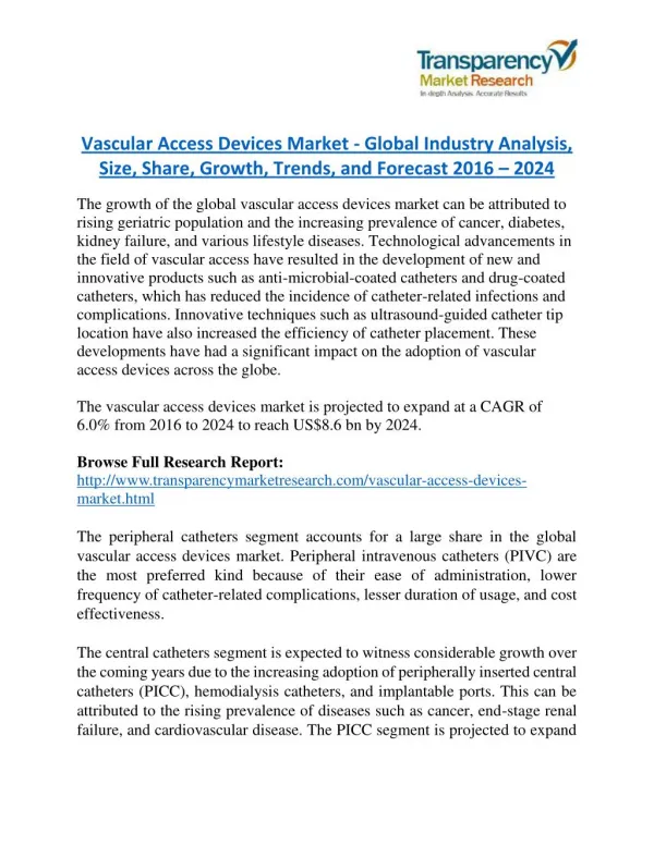 Vascular Access Devices Market will rise to US$ 8.6 Billion by 2024