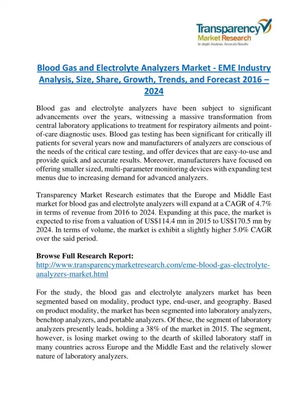 Blood Gas and Electrolyte Analyzers Market will rise to US$ 170.5 Million by 2024