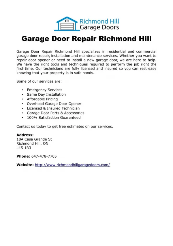 Garage Door Repair Richmond Hill