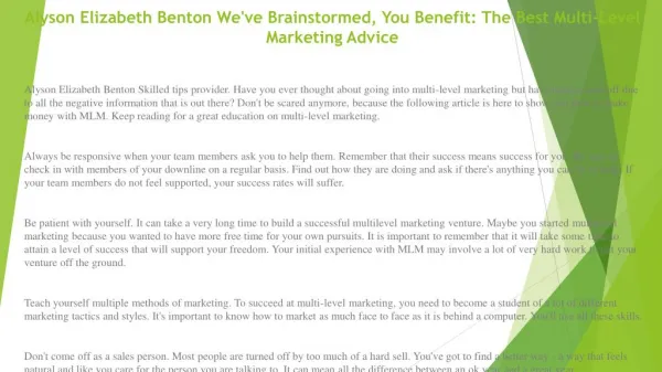 Alyson Elizabeth Benton We've Brainstormed, You Benefit: The Best Multi-Level Marketing Advice
