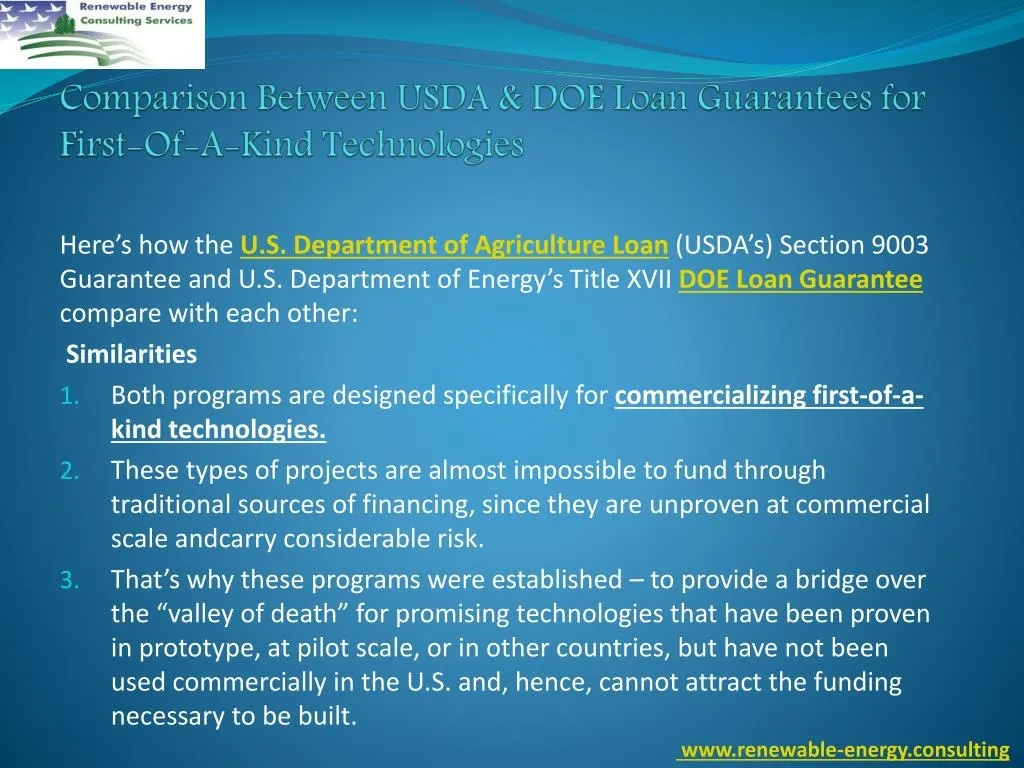comparison between usda doe loan guarantees for first of a kind technologies