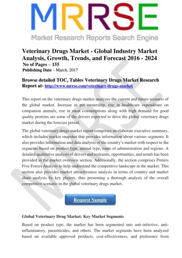 Global Veterinary Drugs Market has been Segmented Into Companion Animals and Livestock Animals.