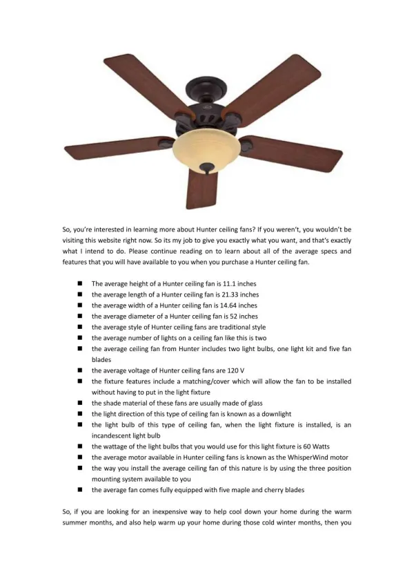 Hunter Ceiling Fans: Average Specifications And Features