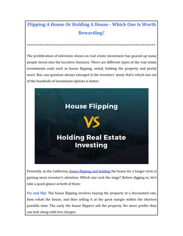 Which One is Beneficial? - House Flipping or Holding A House