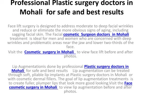 Professional Plastic surgery doctors in Mohali for safe and best results