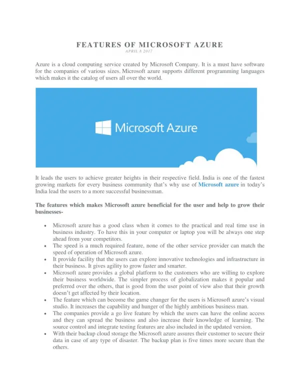 FEATURES OF MICROSOFT AZURE