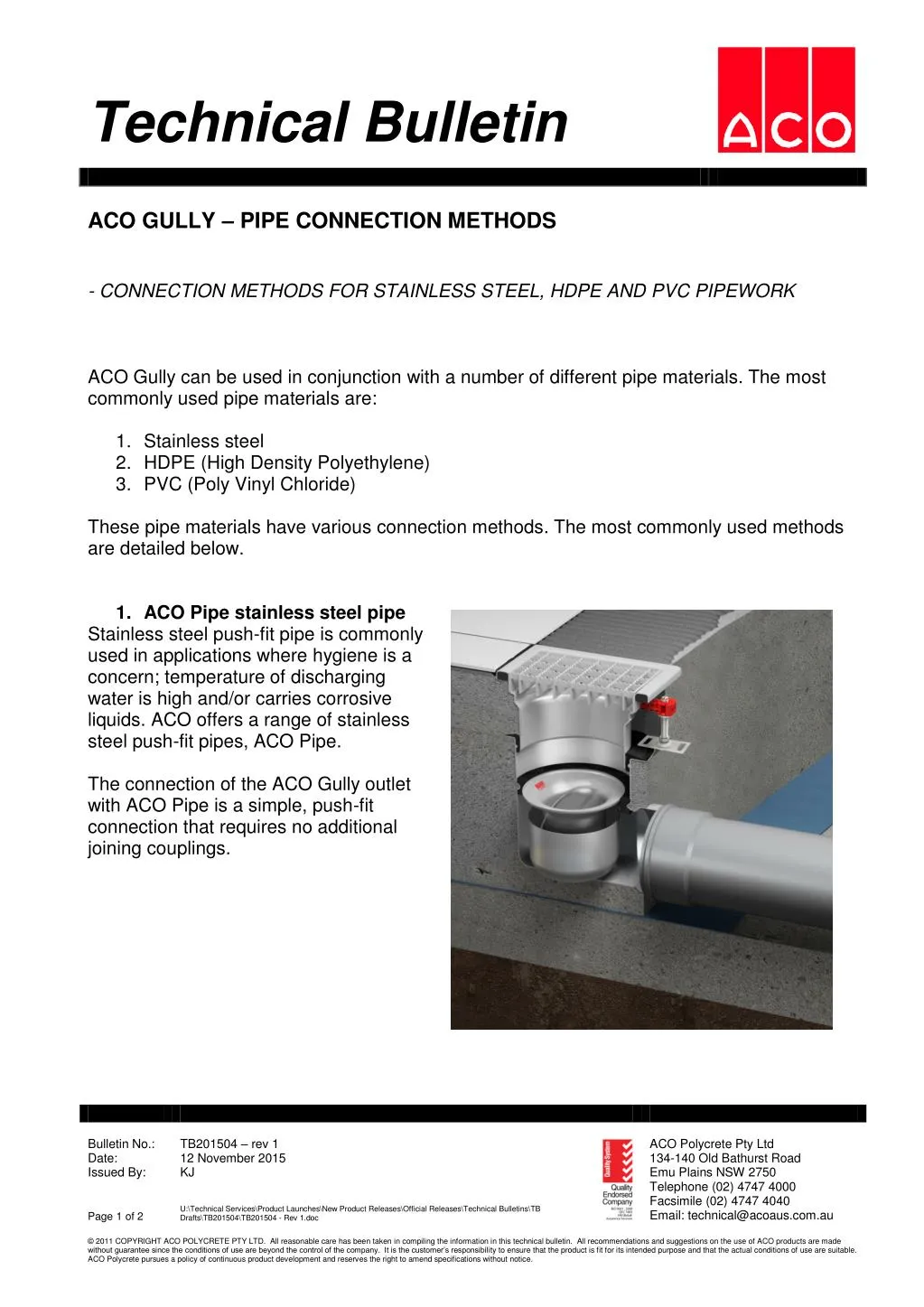 technical bulletin aco gully pipe connection