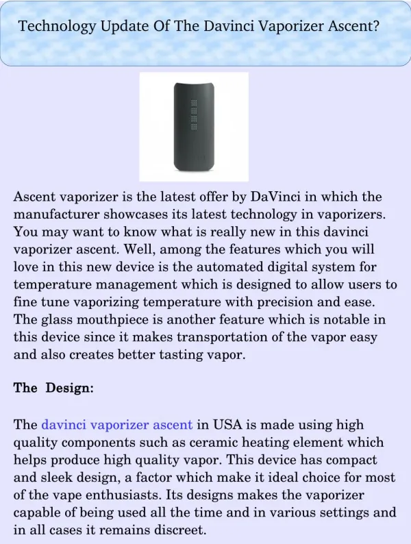 Technology Update Of The Davinci Vaporizer Ascent?