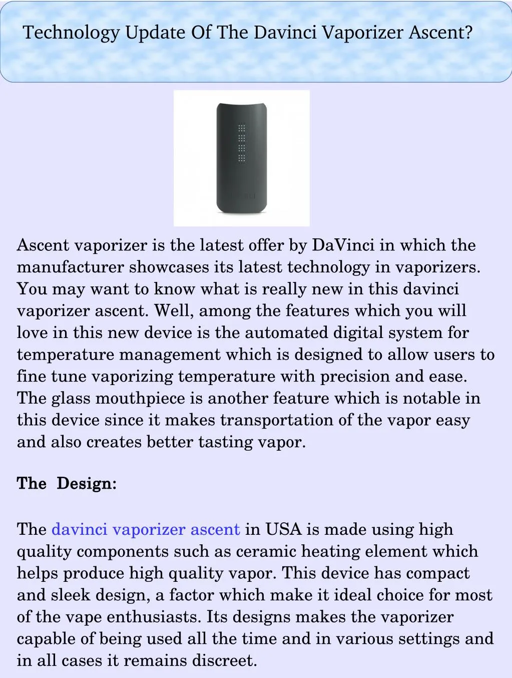 technology update of the davinci vaporizer ascent