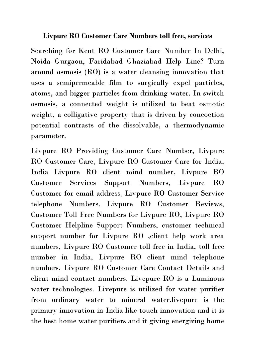 livpure ro customer care numbers toll free