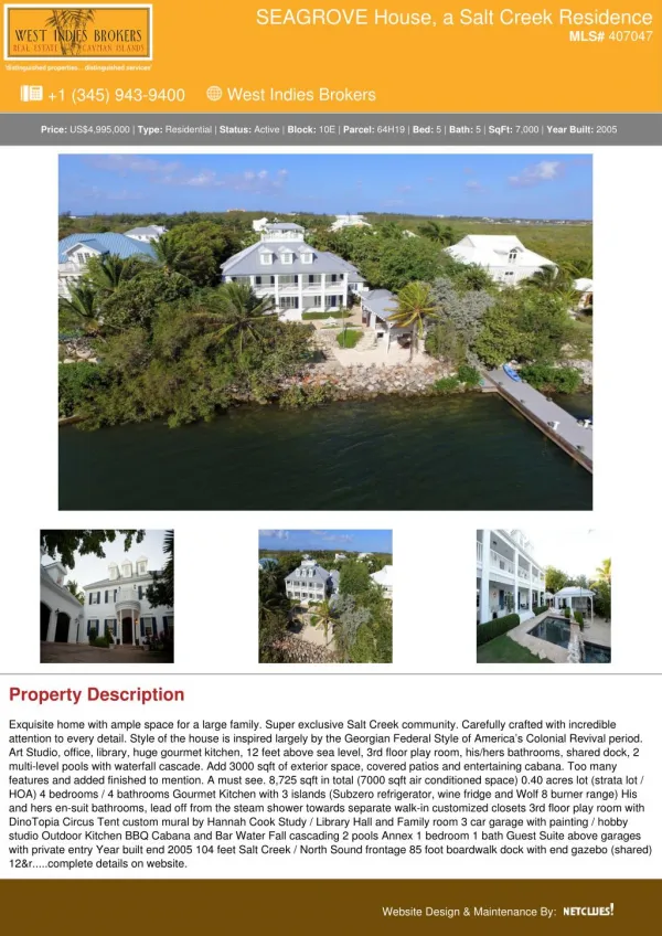 Sea Grove House, a Salt creek Residence | Cayman Property for sale.